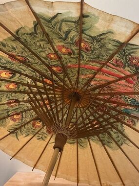 Vintage Asian Parasol Paper Bamboo Umbrella Peacock Design